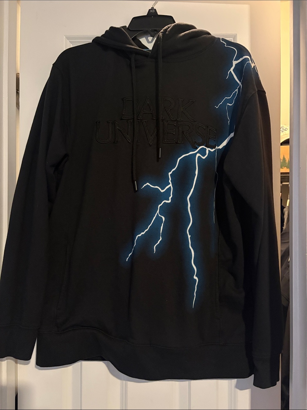 Dark Universe- Men’s Black Hoodie with Blue Lightning Graphic